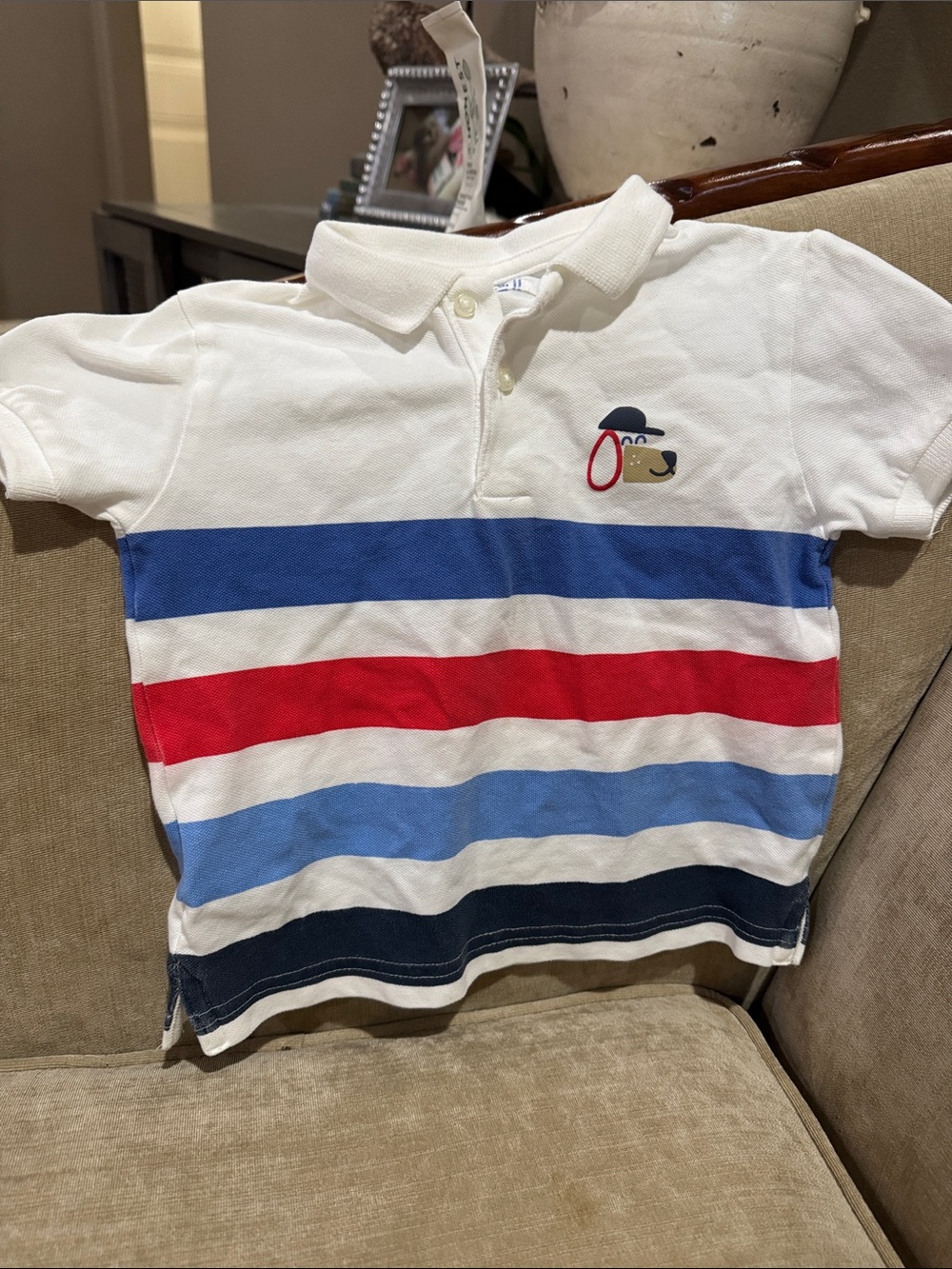 Boys White Polo Shirt with Red & Blue Stripes